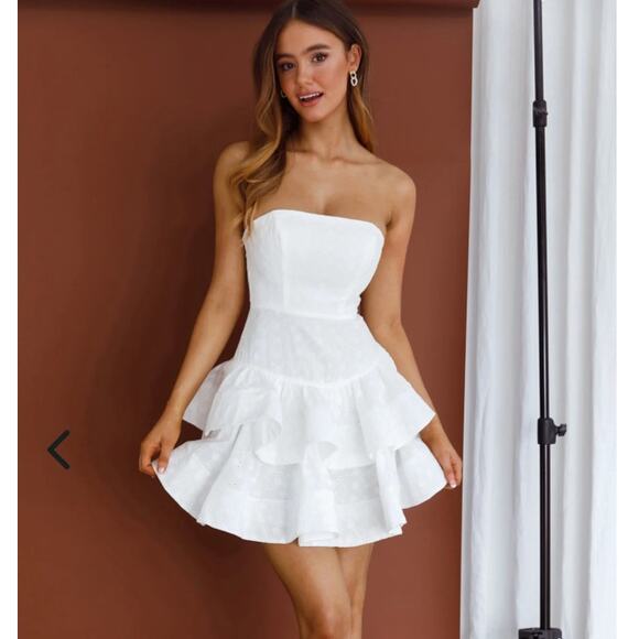 Selfie Leslie Dresses & Skirts - Selfie Leslie Bella Donna Strapless Frill Dress White Eyelet Mini Size Large New